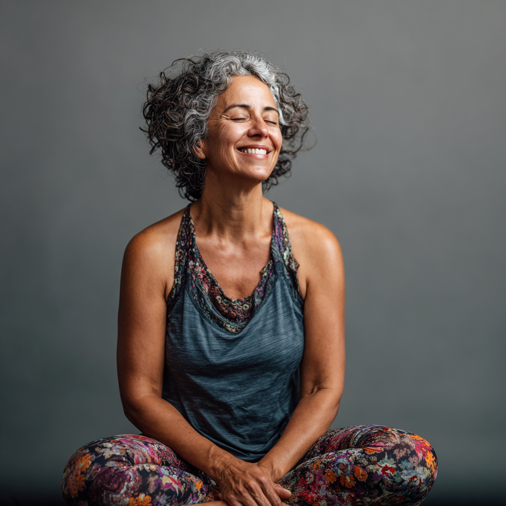 Mulher portuguesa sorridente praticando yoga na praia ao nascer do sol, com cabelos ao vento e expressão serena